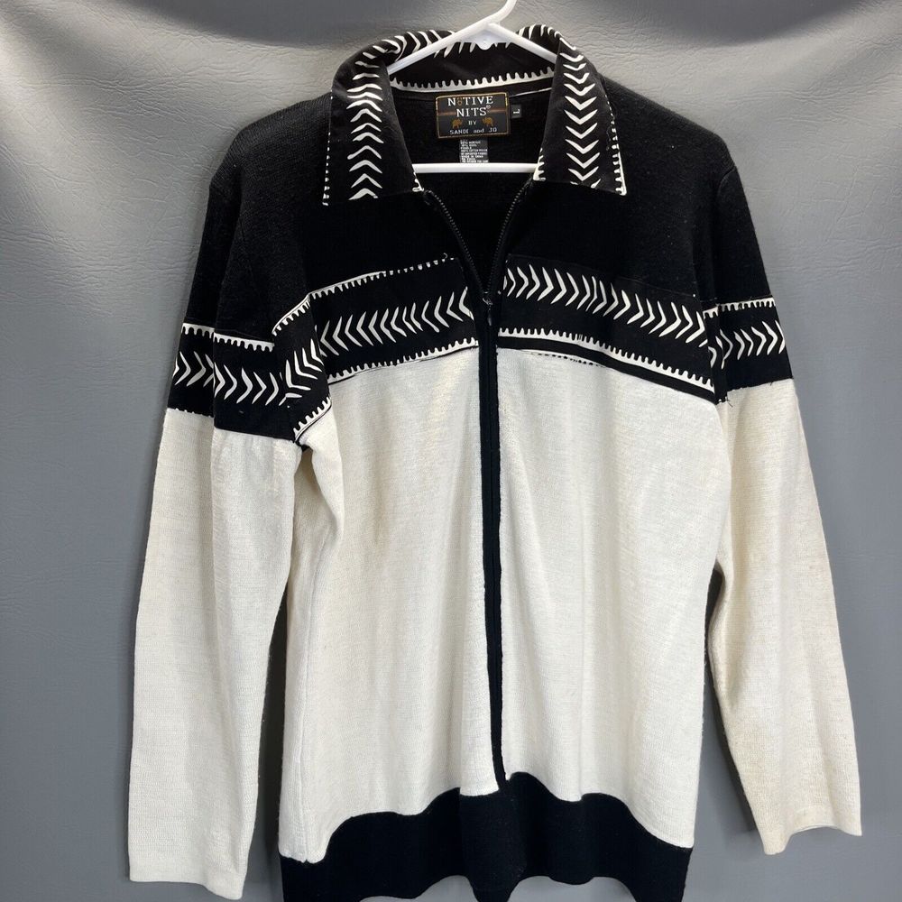 N8tive Nits Sandi & Jo Ladies Size L Black White Knit Wool Panel Sweater Zip up